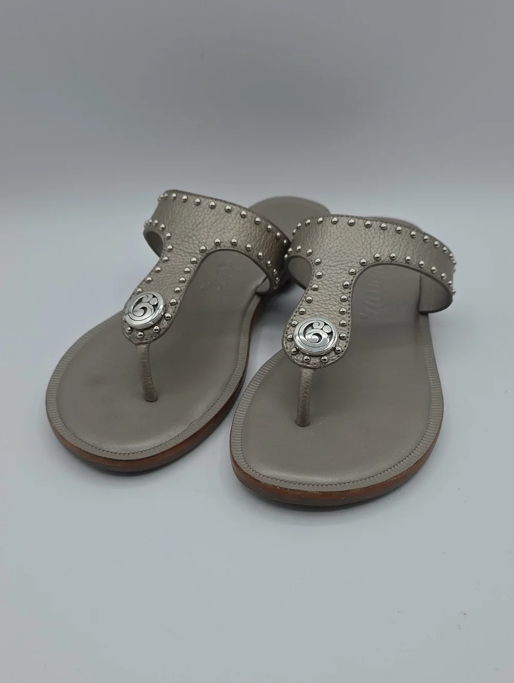 Brighton Taupe Studded Thong Sandals with Silver Medallion
